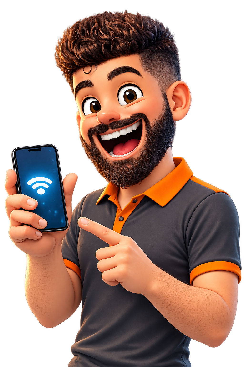 Mascote da NEXO Telecom segurando um celular e apontando para ele